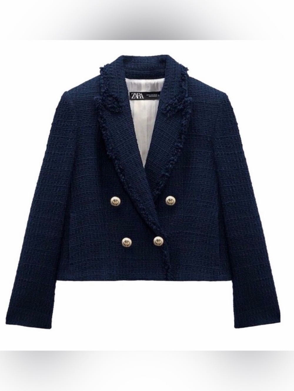 Zara Double Breasted Black Tweed Cropped Cotton Blazer Large